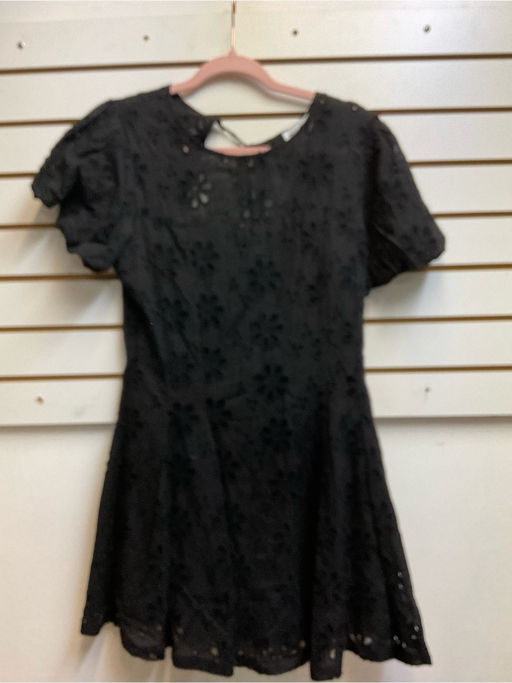 Black Floral Eyelet Mini Dress with Back Tie & Zip-Up